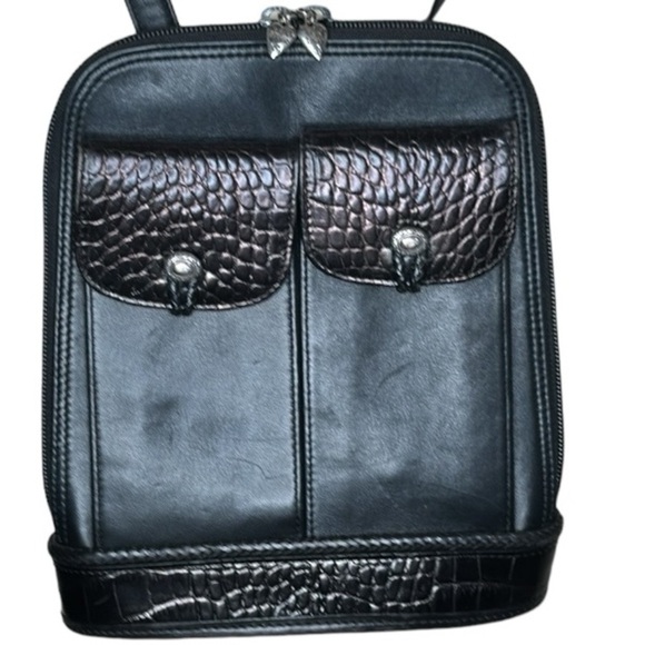 VTG Brighton One World Slim Leather Crossbody Bag Croc Emboss Single Strap Black - Picture 2 of 16
